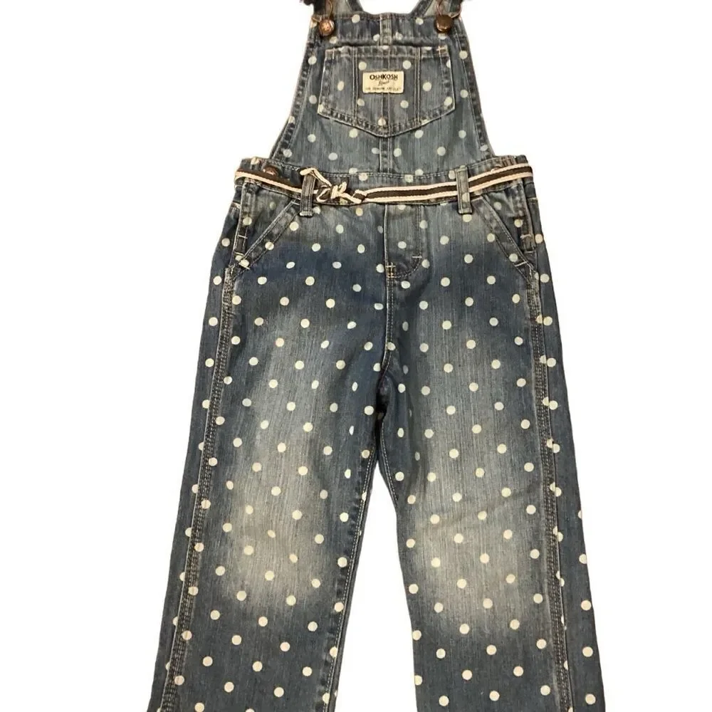 Oshkosh Polka Dot Overalls 3T Blue Denim Bibbed White Circles Tie Belt Vestbak